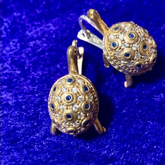 European Turtle Earrings Encrusted Sapphire Topaz - Picture 16 of 16